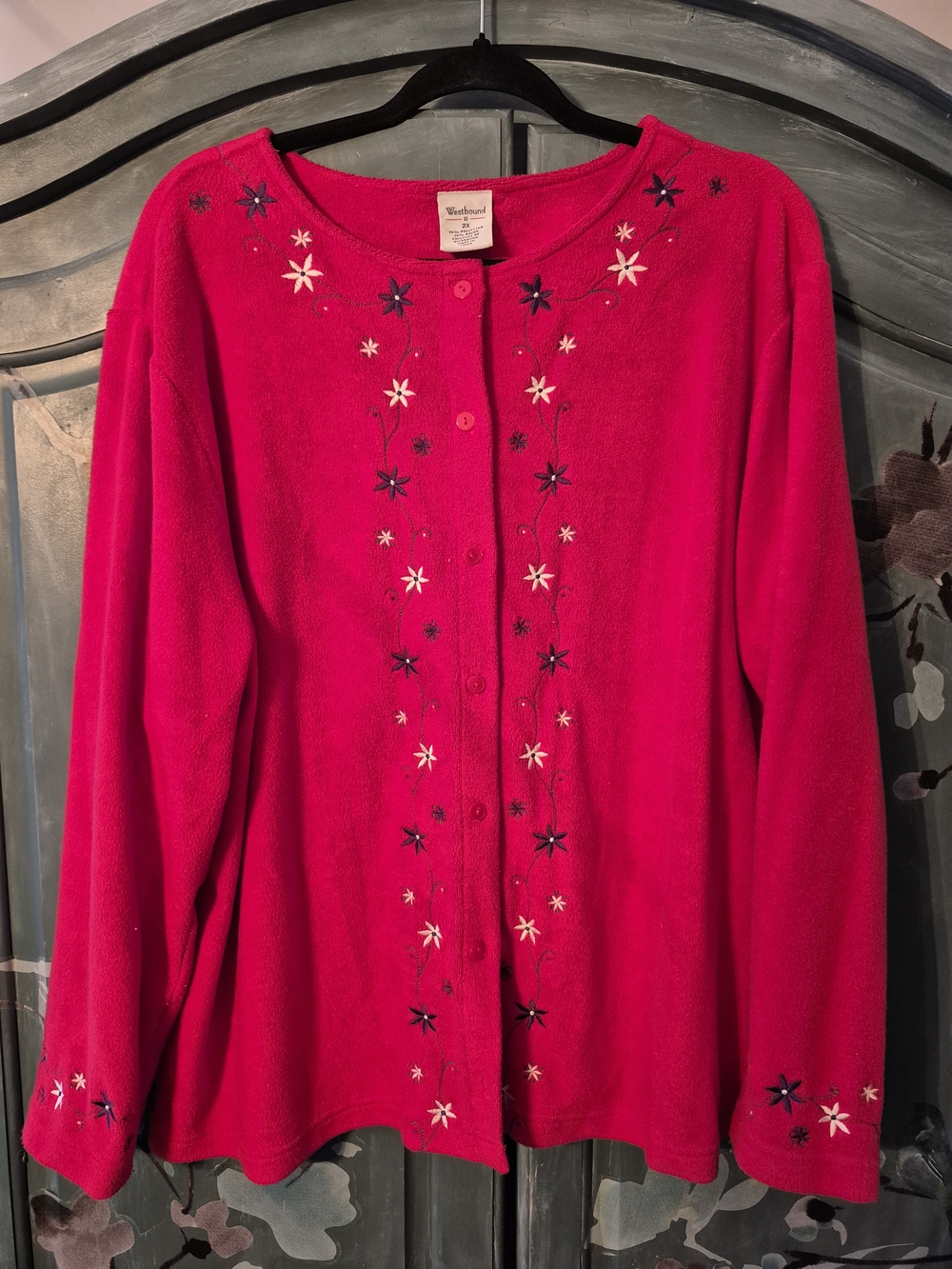 Westbound Vintage Red Embroidered Fleece Button-Front Cardigan